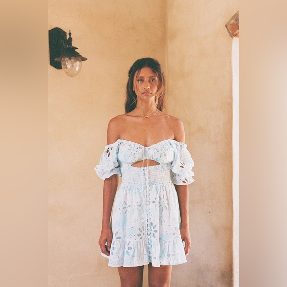 NEW Sabo Luxe Jordana Mini Dress Eyelet Cut Out Blue Cotton Size Small 4 NWT - Picture 1 of 10